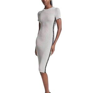 Michael Kors Sz S Logo Tape Metallic Silver Ribbed Bodycon Dress